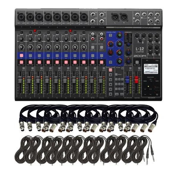 Zoom LiveTrak L-12 - 12-Channel Digital Mixer & Multitrack Recorder & (12) XLR to XLR 15ft EA + (12) TRS to TRS 15ft EA