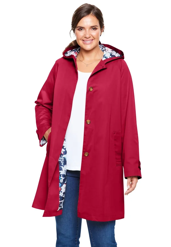 Plus Size Women's Printed Lining Hooded Raincoat by Woman Within in Classic Red (Size 22 W)