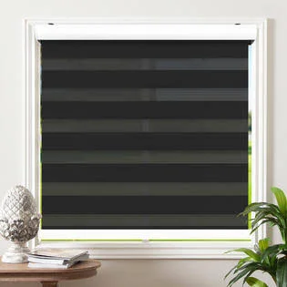 Biltek Cordless Zebra Roller Blinds Sheer Shades - Free-Stop Combi Blinds, Dual Layer, Sheer or Privacy - Black, 39x22W x 72x22H