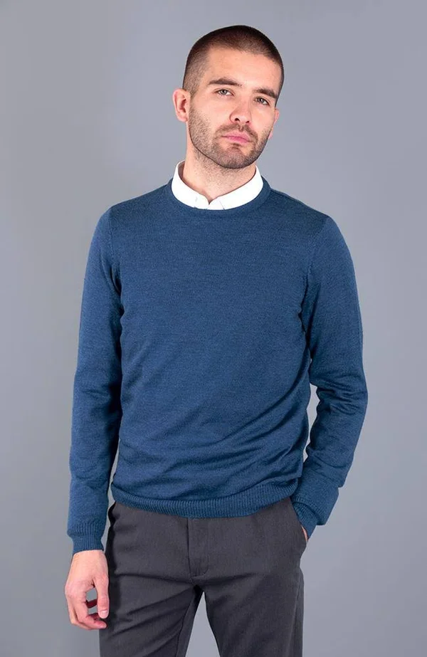 Mens Extra Fine Merino Wool Crew Neck Jumper - Indigo, S