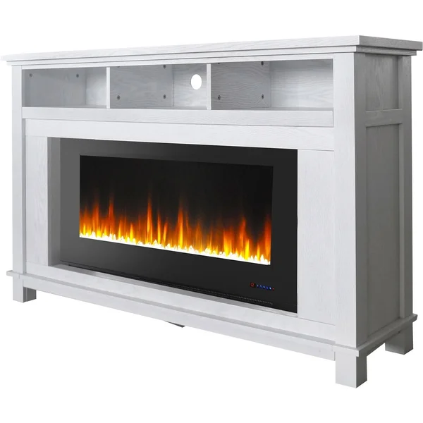 Cambridge CAM5735-1WHT San Jose Fireplace Entertainment Stand with 50 in. Color Changing Fireplace Insert & Crystal Rock Dis