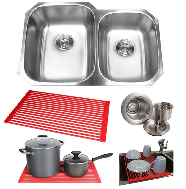Kingsman Hardware Stainless Steel Under Mount 18g Kitchen Sink Undermount 32-in x 20.75-in Stainless Steel Brushed Nickel Double