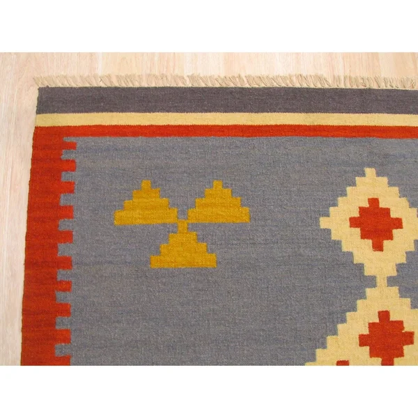 EORC Dn6mu 5 x 8 ft Blue Handmade Wool Keysari Kilim Rug