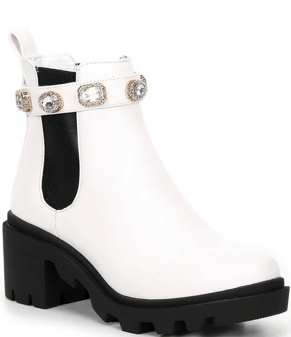 Steve Madden Amulet Jewel Embellished Lug Sole Block Heel Combat Booties, Womens, 6M, White