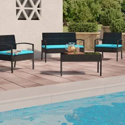 Roxana 4 Piece Rattan Sofa Seating Group with Cushions Andover Mills Cushion Color: Blue