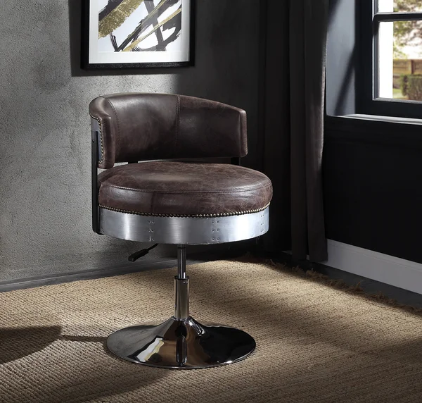 Acme Brancaster Adjustable Chair with Swivel - Distress Chocolate Top Grain Leather and Chrome
