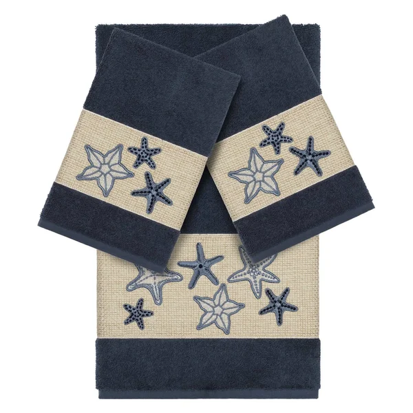 Linum Home Textiles Lydia 100% Turkish Cotton Embellished Towel Set Midnight Blue