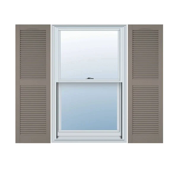 12 inchw x 33 inchh Lifetime Vinyl, Custom Straight Top Center Mullion, Open Louver Shutters, Clay