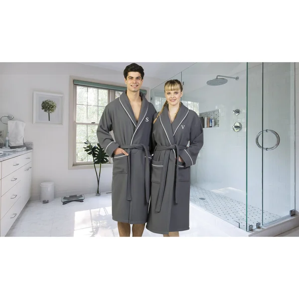 Linum Home Textiles Hotel Turkish Cotton Waffle Terry Bathrobe with Satin Piped Trim - Personalized - Dark Gray