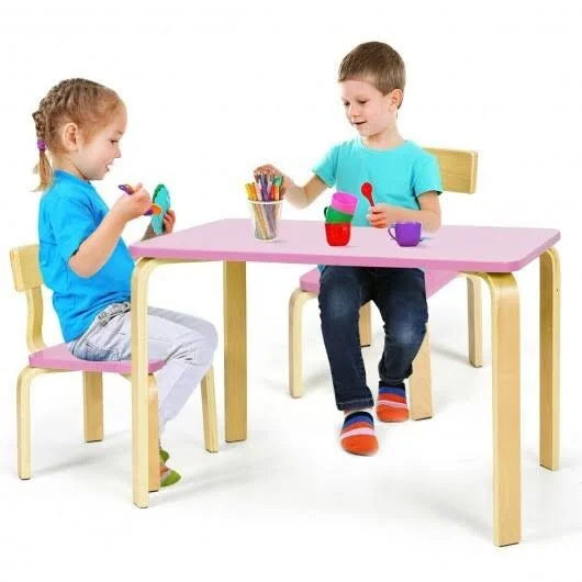 Costway 3 Piece Kids Wooden Activity Table and 2 Chairs Set-Pink