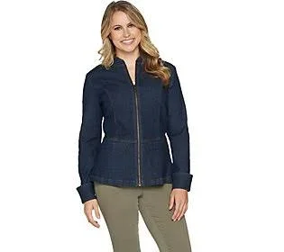 Denim & Co. Stretch Denim Long Sleeve Zip Front Jacket, Size 1X, Dark Indigo