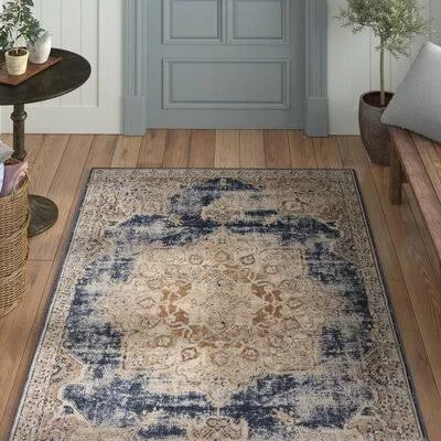 Landes Oriental Dark Blue/Beige Area Rug Three Posts Rug Size: Rectangle 9& x 12&