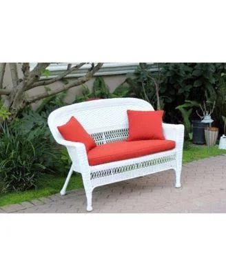 Jeco W00205-L-FS018-CL Honey Wicker Patio Love Seat with Brick Red Cushion and Pillows