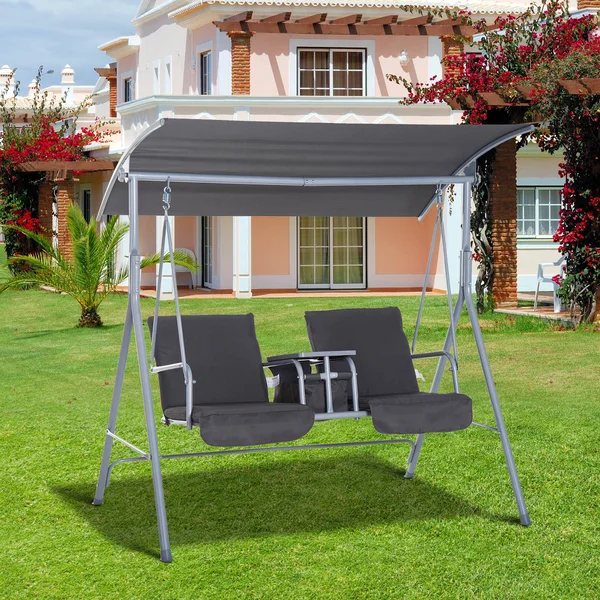 Outsunny 2 Person Porch Covered Swing Outdoor with Canopy - Table and Storage Console, Grey, 53.9 x 21.6 x 6.5 inches