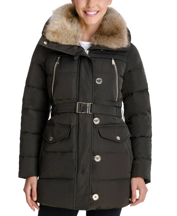 Michael Michael Kors Faux-Fur-Collar Down Puffer Coat, Created for Macy&s - Dark Moss