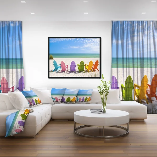 Designart &Adirondack Beach Chairs& Seashore Photo Framed Canvas Art Print - 20 in. Wide x 12 in. High - White