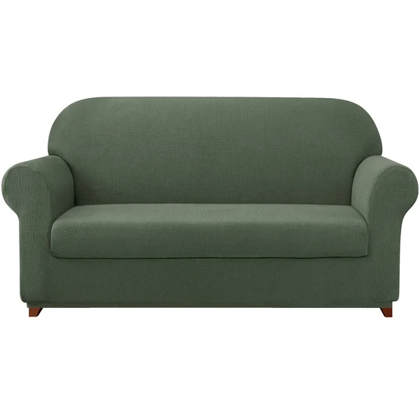 Subrtex Stretch 2-Piece Textured Plaid XL Sofa Slipcover, Olive