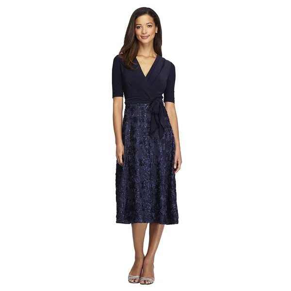 Alex Evenings Women's Rosette Tea-Length Dress, Blue 16