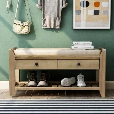 Cushioned Seat and Drawers, Multipurpose Entryway Storage Bench Red Barrel Studio Color: Gray Wash