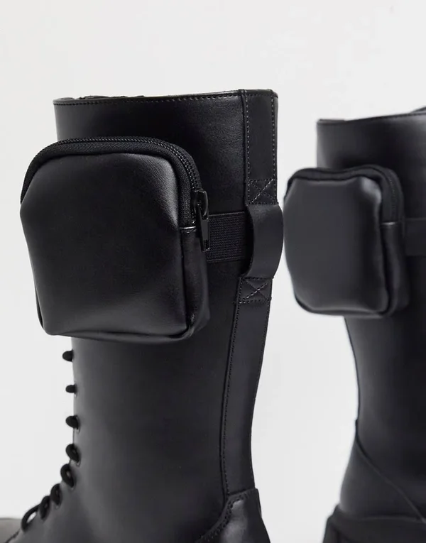 ASOS Design High Lace Up Calf Boots in Black Faux Leather on Chunky Sole with Pocket Detail