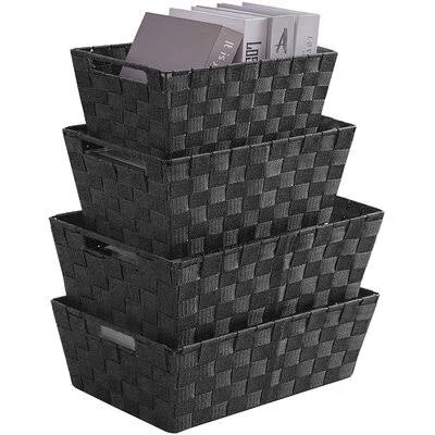 Woven Storage Box - Woven Strap Storage Basket Bin Container, Stackable Storage Basket, Woven Strap Shelf Organizer, Nylon Storag