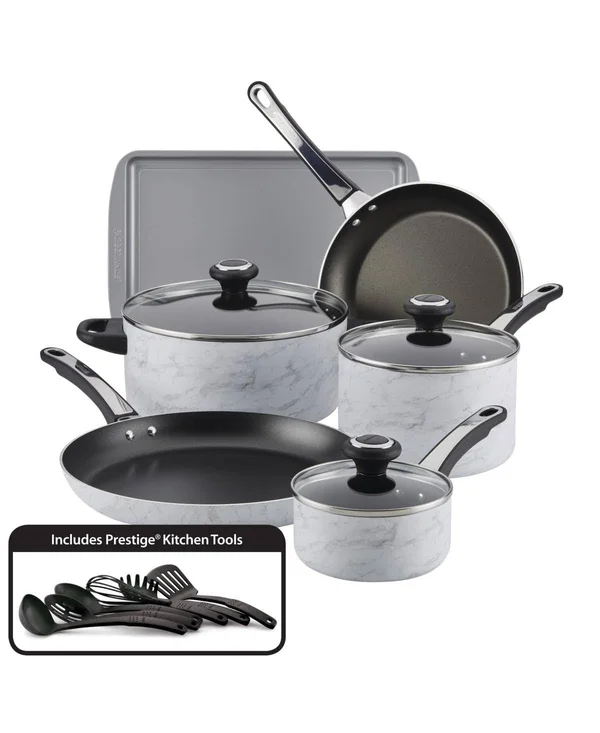 Farberware Designs Nonstick Cookware Set, 15 Piece, White Marble