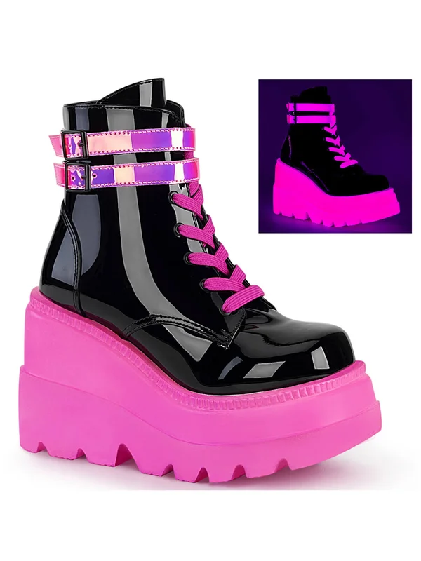 SHAKER-52, 4 1/2x22 Wedge Platform Lace-Up Ankle Boot Black Pat-UV Neon Pink, Size 5