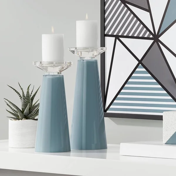 Color + Plus Meghan Smoky Blue Glass Pillar Candle Holders Set of 2
