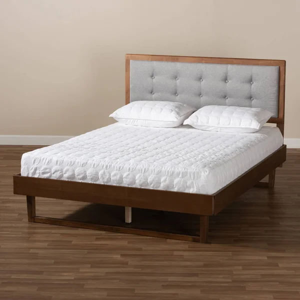 Baxton Studio Viviana Modern and Contemporary Light Gray Fabric Upholstered and Ash Walnut Finished Wood King Size Platform Bed