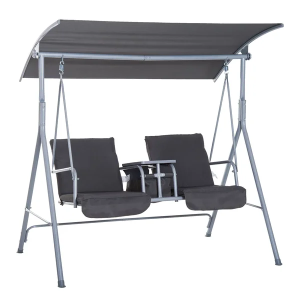Outsunny 2 Person Porch Covered Swing Outdoor with Canopy - Table and Storage Console, Grey, 53.9 x 21.6 x 6.5 inches