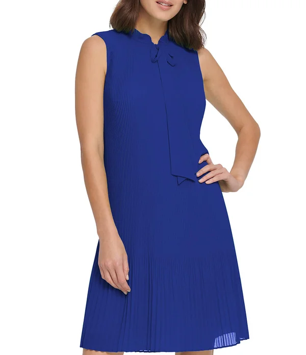 Dkny Sleeveless Pleated Tie Neck Shift Dress - Black
