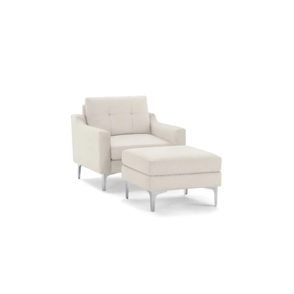 Burrow Modular Armchair with Ottoman - Ivory White, Slope Arms, 1 Seater, Chrome Metal Legs, Nomad Fabric Collection