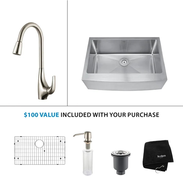 Kraus Stainless Steel Farmhouse Bowl Sink Combo Single Handle Kitchen Faucet
