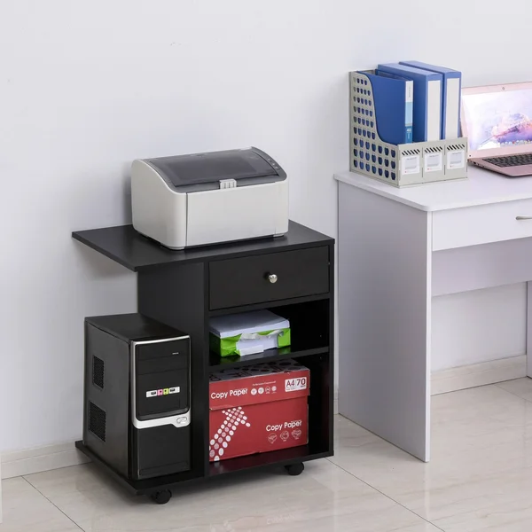 Vinsetto Printer Table Desk - Rolling Cart Stand with Wheels, Adjustable Shelf, Drawer and CPU Stand - Black