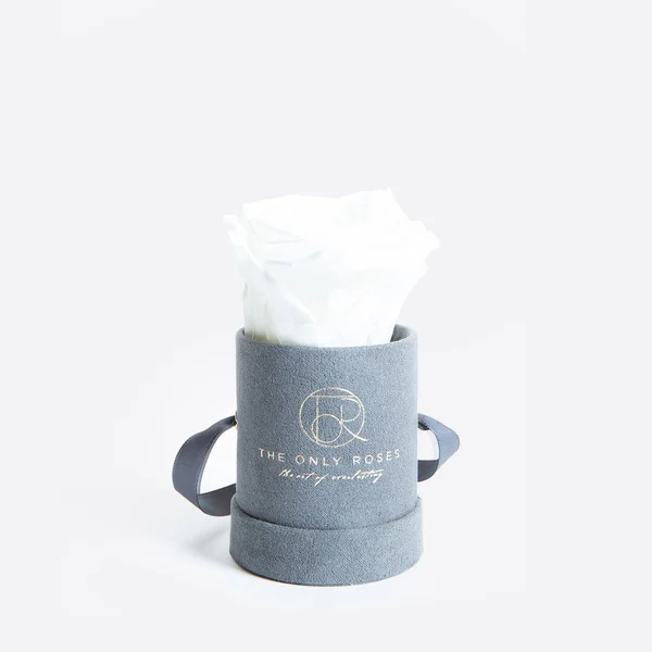 The Only Roses, Petite Round Gray Suede Hat Box with Single White Everlasting Preserved Rose