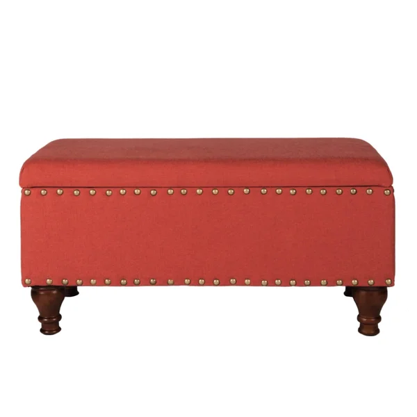 Fabric Upholstered Wooden Storage Bench with Nail Head TRIM - Large, Orange and Brown