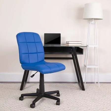 Mid-Back Blue Quilted Vinyl Swivel Task Office Chair - Size: 23W x 24d x 34 - 38.75H