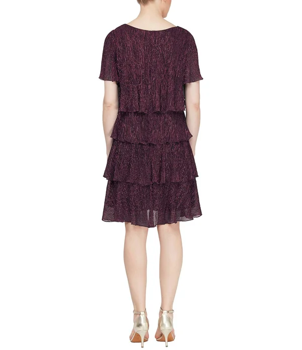 Ignite Evenings Shimmer Tiered Ruffle Scoop Neck Short Flutter Sleeve Dress - 6