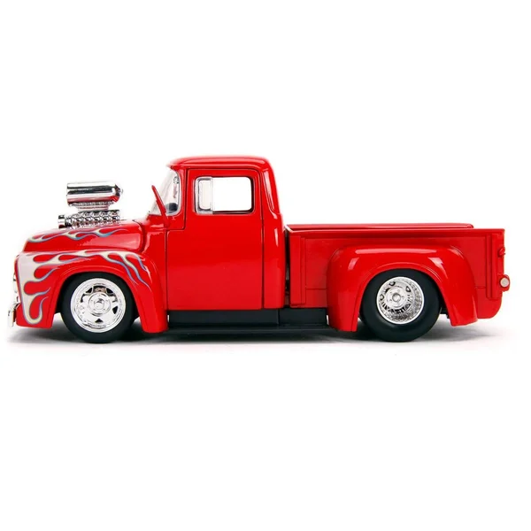 Jada 1956 Ford F-100 Pickup Truck with Blower Glossy Red with Flames Just Trucks Series 1/24 Diecast Model Car 30715