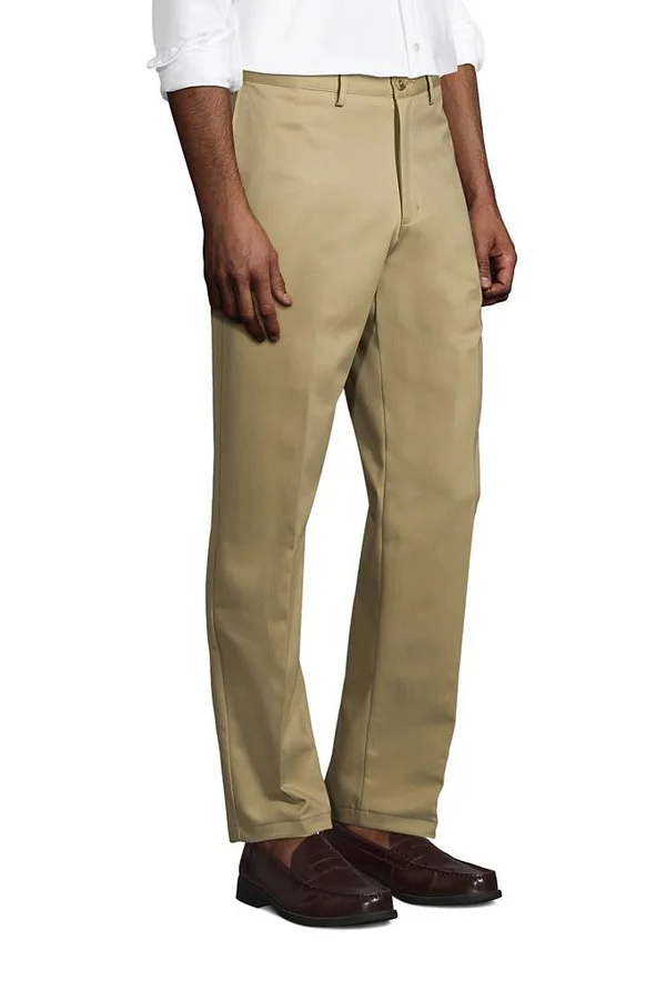 Men's Long Plain Front Comfort Waist No Iron Chino Pants - Lands& End - Tan - 34