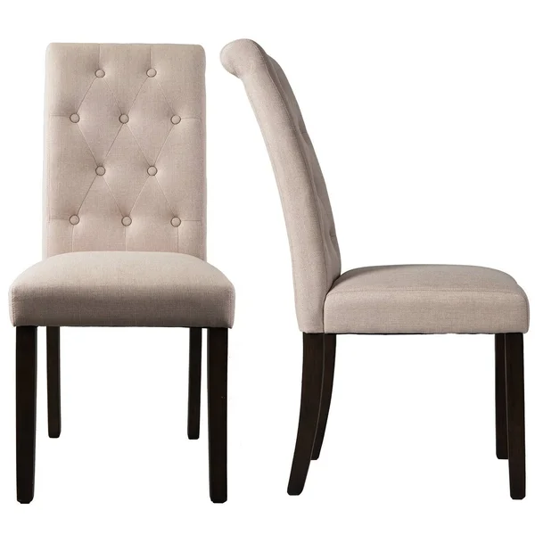 Beige Linen Tufted Dining Chair with Solid Wood Legs (Set of 2)