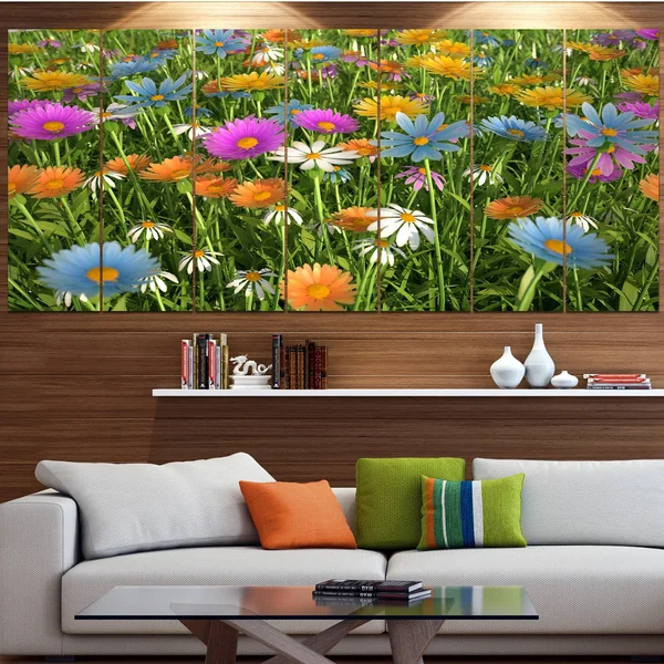 Design Art &Different Color Flowers in Field& Photographic Print Multi-Piece Image on Canvas - Size: 83 in. Wide x 32 in. High