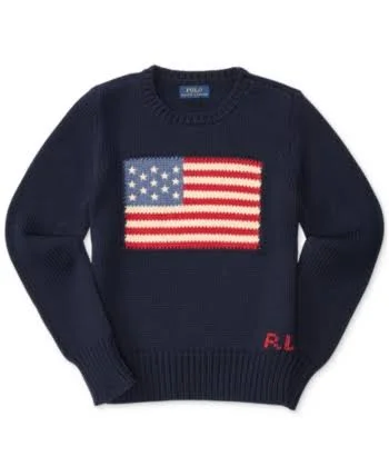 Ralph Lauren Girls 7-16 Flag Cotton Crewneck Sweater - Hunter Navy, XL