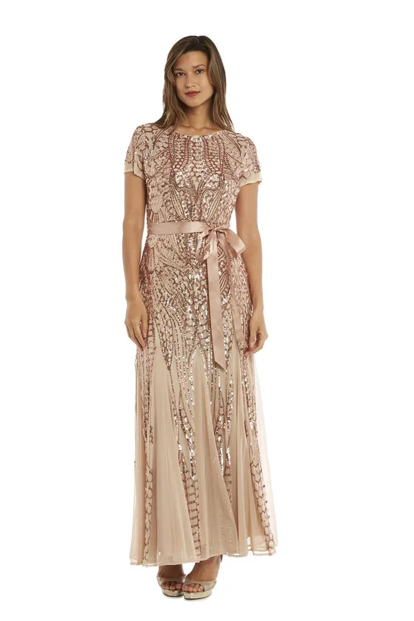 R & M Richards Short Sleeve Sequin Evening Gown - 8, Beige