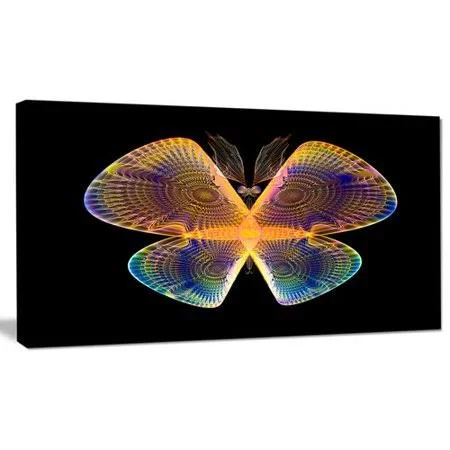 Design Art 'Blue Yellow Fractal Butterfly in Dark' Graphic Art on Wrapped Canvas - Size: 28 inch H x 60 inch W x 1.5 inch D