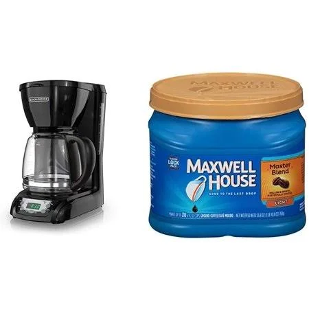 Black+decker Dlx1050b 12-Cup Programmable Coffee Maker with Glass Carafe, Black & Maxwell House Master Blend Light Roast Gro