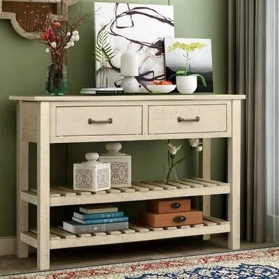 Retro Console Table for Entryway with Drawers and Shelf Living Room Furniture (Antique Grey) Rosecliff Heights Color: Beige