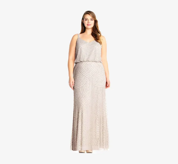 Adrianna Papell Plus Size Art Deco Beaded Blouson Gown, Silver Nude, Size: 14