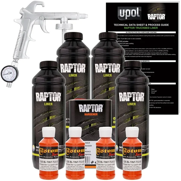 U-POL Raptor Safety Orange Urethane Spray-On Truck Bed Liner Kit w/ Free Spray Gun - 4 Liters
