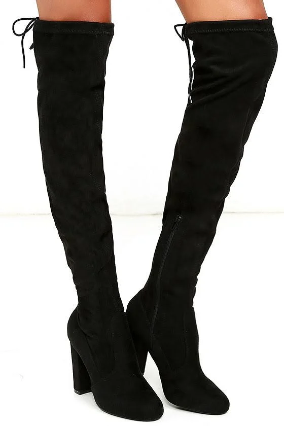 Lulus, So Much Yes Black Suede Over The Knee High Heel Boots, Size 6, Vegan Friendly